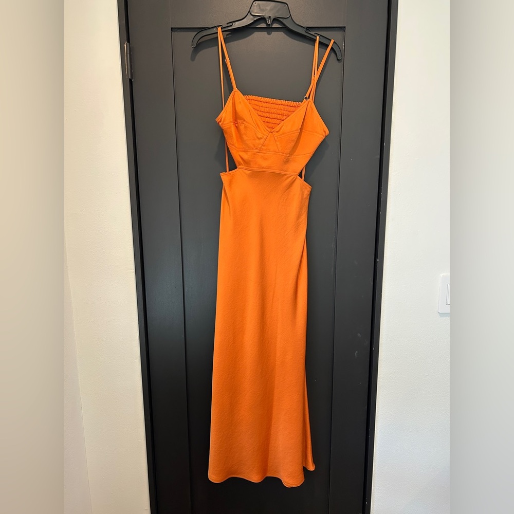 A.L.C. Blakey Cut-Out Satin Midi Dress Smocked Back Rust Orange Size 4 - Picture 7 of 13